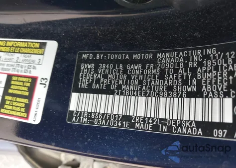 2013 Toyota Corolla S from USA, damaged, VIN 2T1BU4EE7DC983876